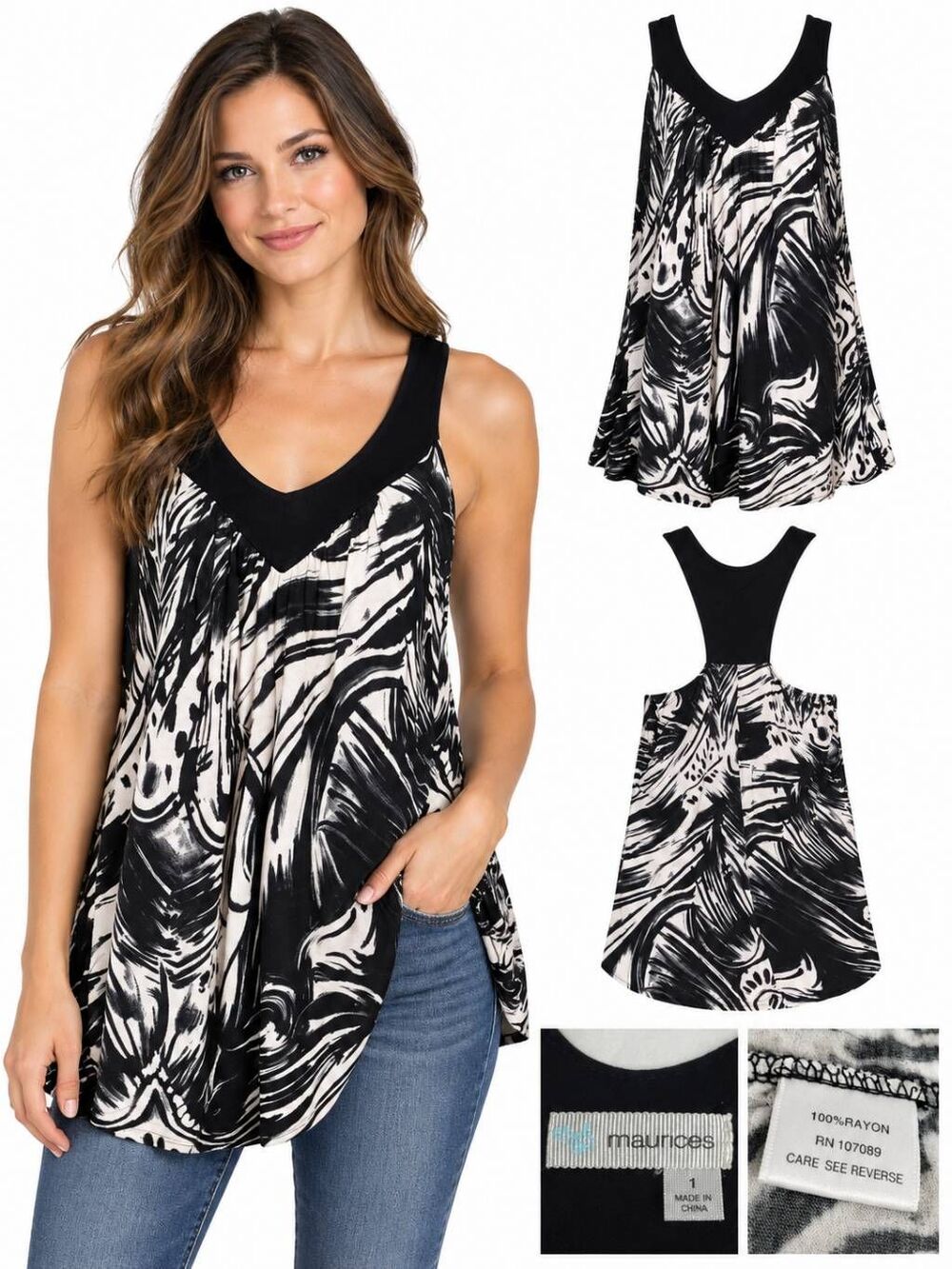 Maurices Women’s 1x Black White Abstract Print Rayon Racerback Tank Top